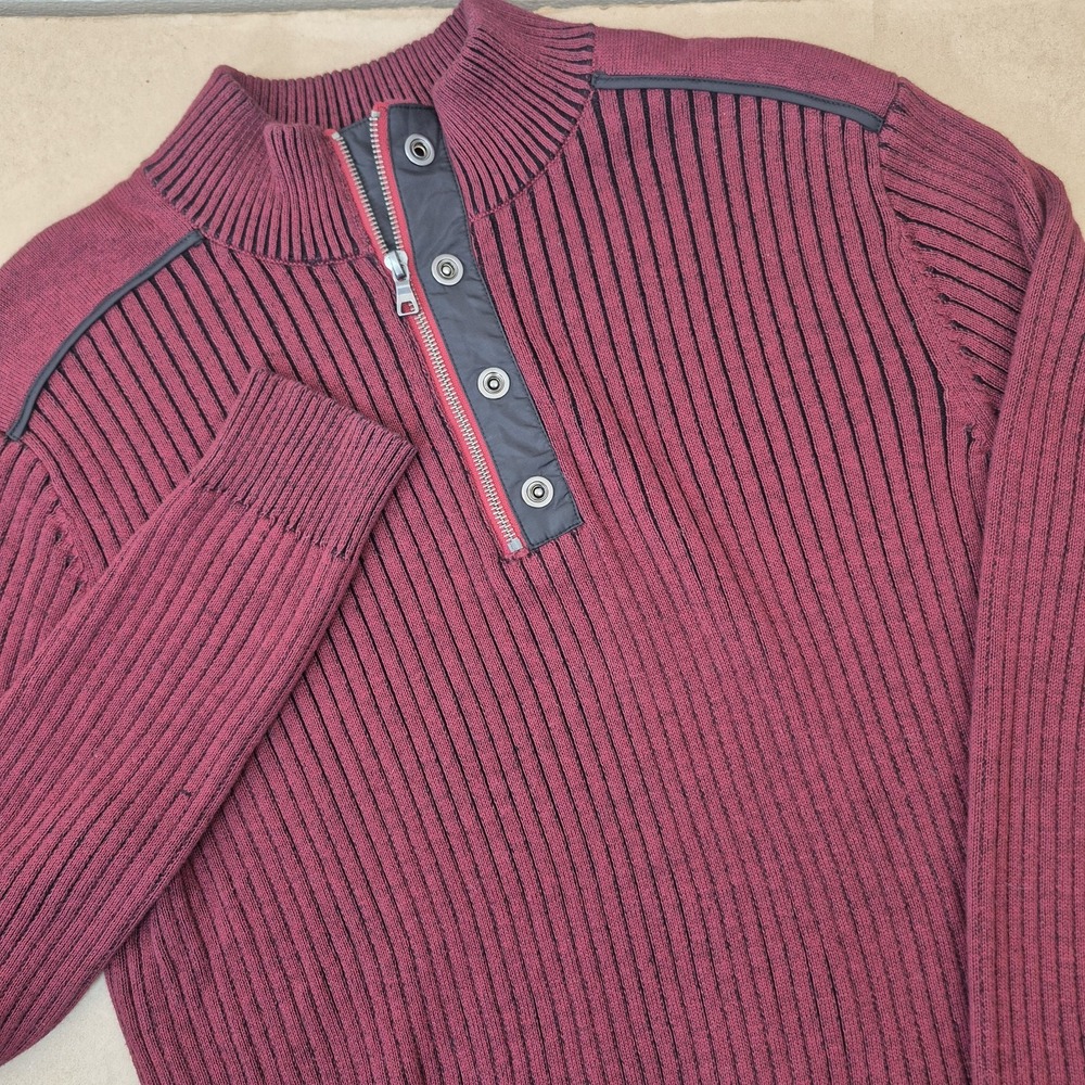 Y2K Guess Sweater Mens Large Maroon 1/4 Zip Ribbed Snap‎ Pullover